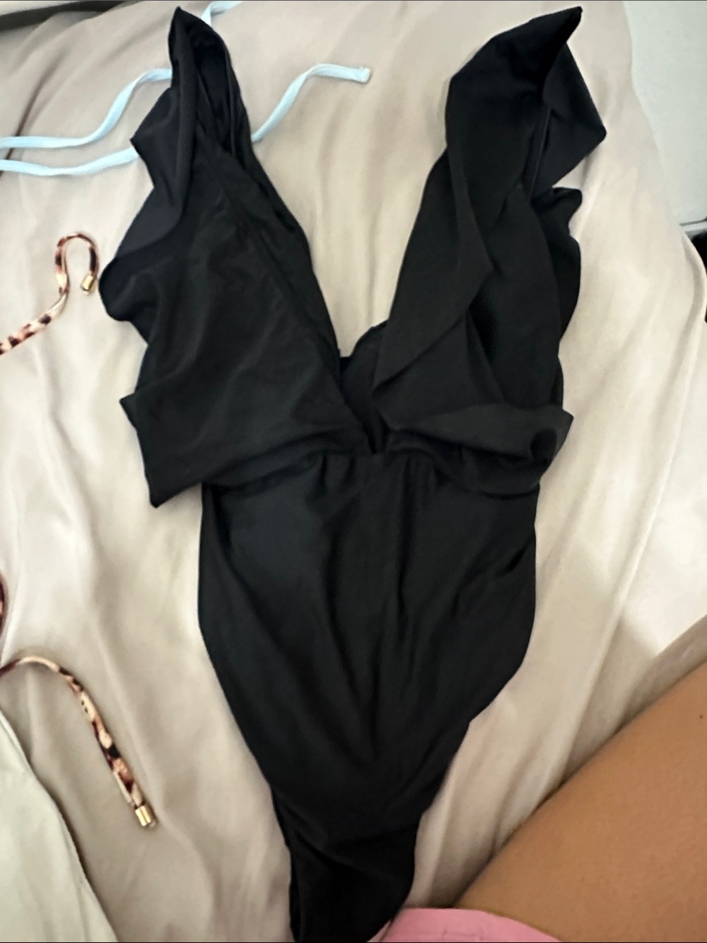 Black  One-Piece Swimsuit with Ruffle Straps